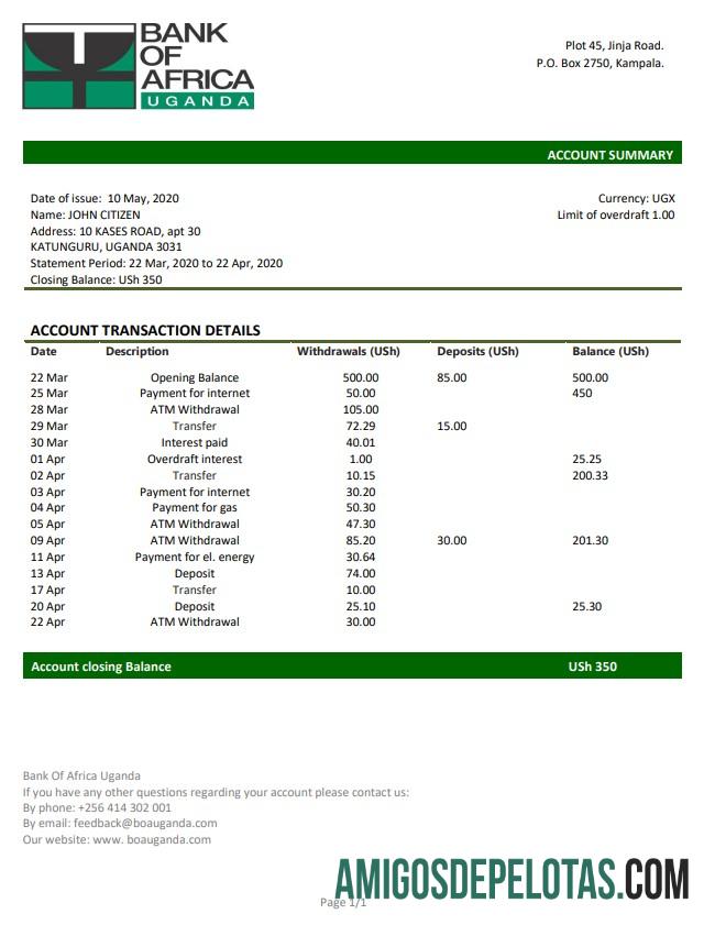 Modelo de extrato bancário com comprovante de endereço em branco do Banco da África em formato Word e PDF